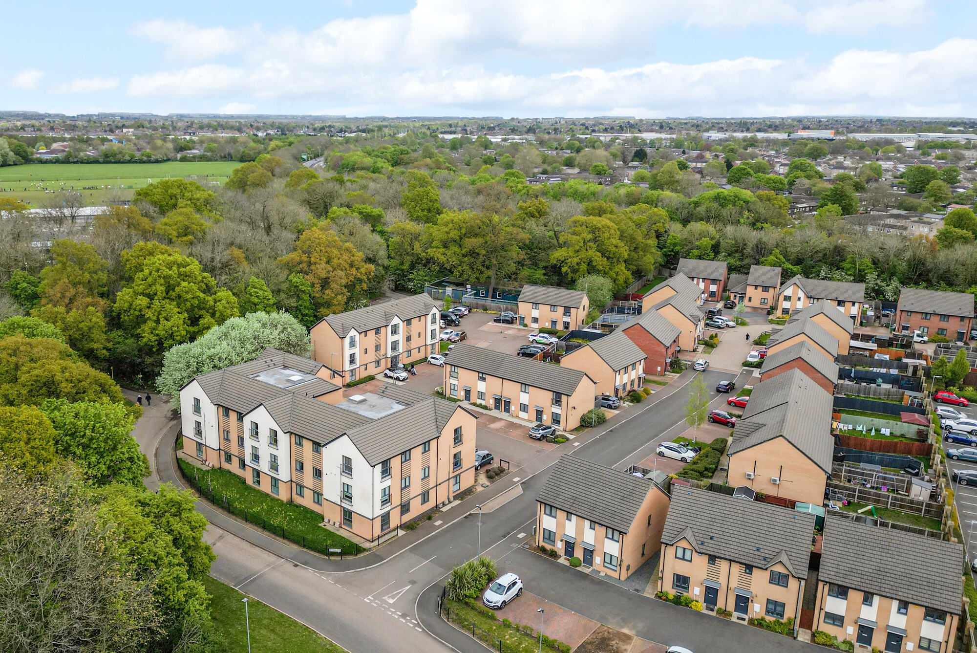 Aerial view of Horrell Court and surrounding woodland, Bretton