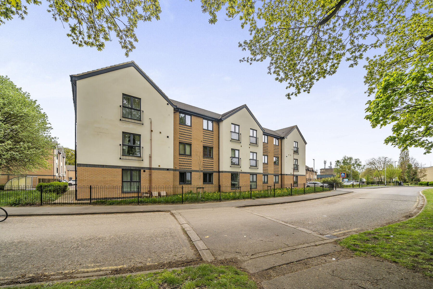 Apartments along the tree-lined road
