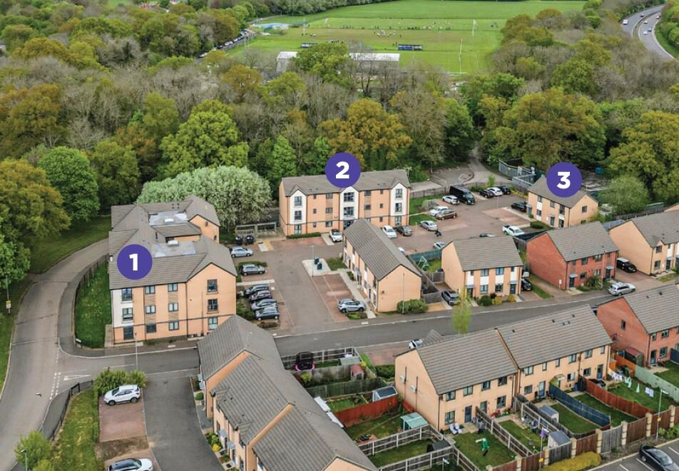 Aerial view of Horrell Court with the three buildings numbered 1, 2 and 3